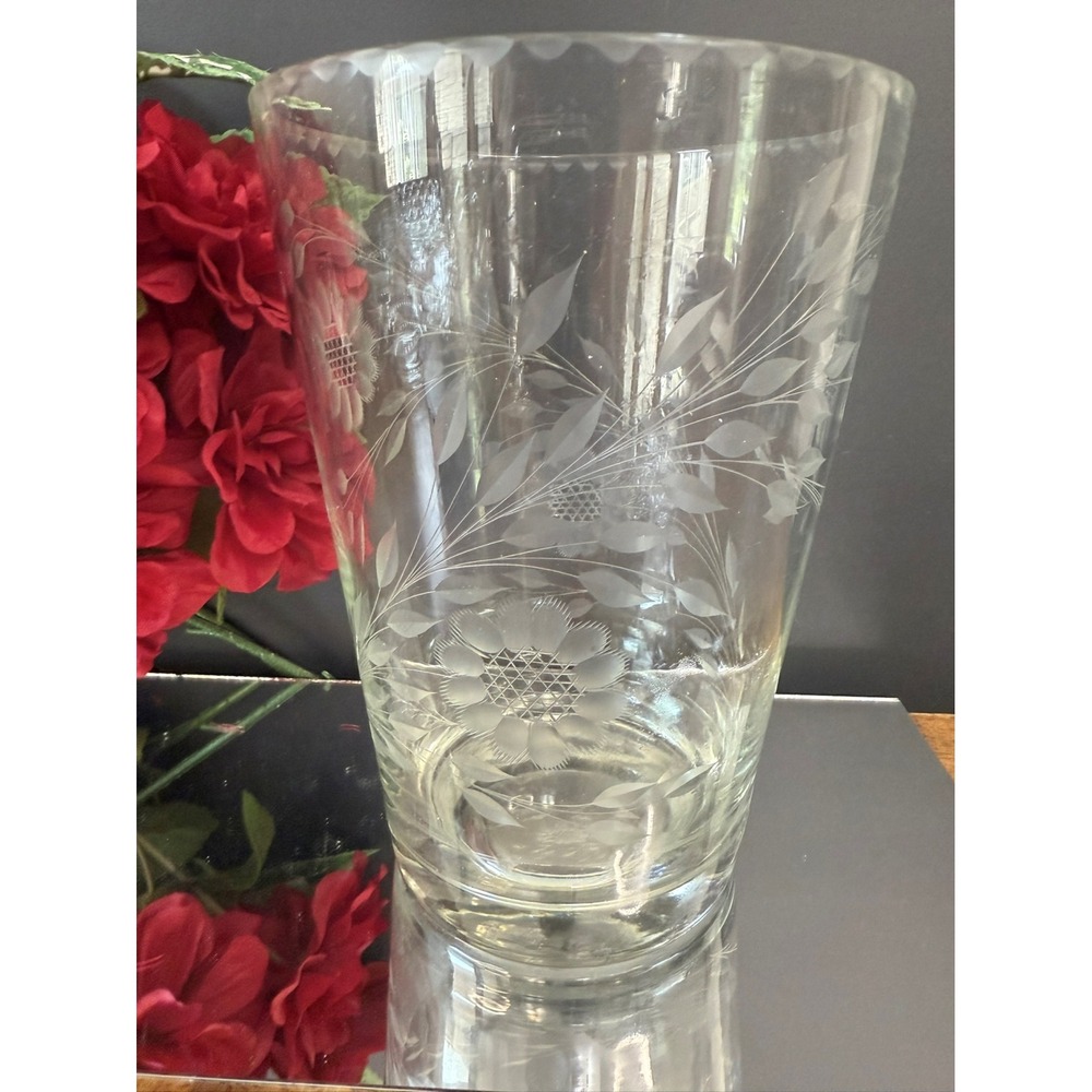 Vintage Etched Cornflower Glass Vase or Ice Bucket Hughes Style Barware Décor
